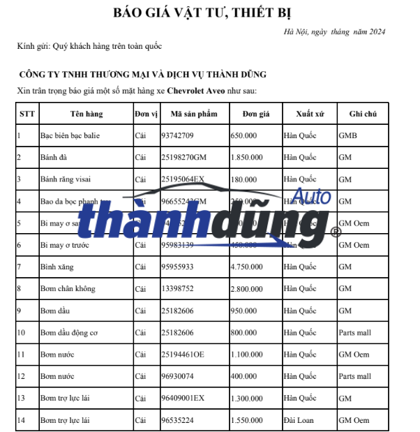 BẢNG GIÁ PHỤ TÙNG XE HƠI CHEVROLET AVEO