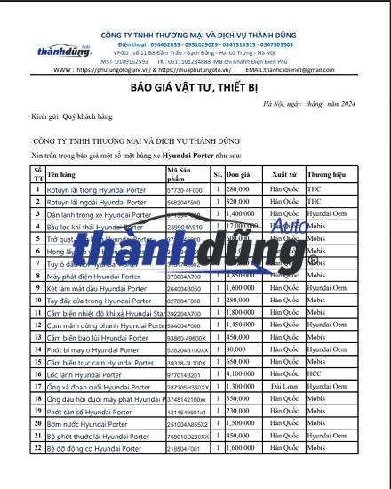 BẢNG GIÁ PHỤ TÙNG XE HƠI HYUNDAI PORTER