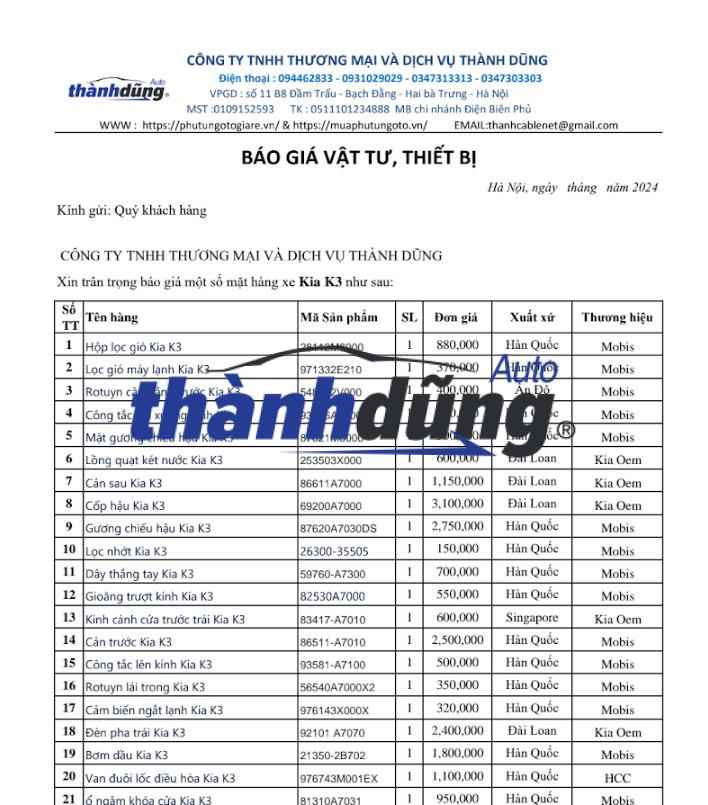 BẢNG GIÁ PHỤ TÙNG XE HƠI KIA K3